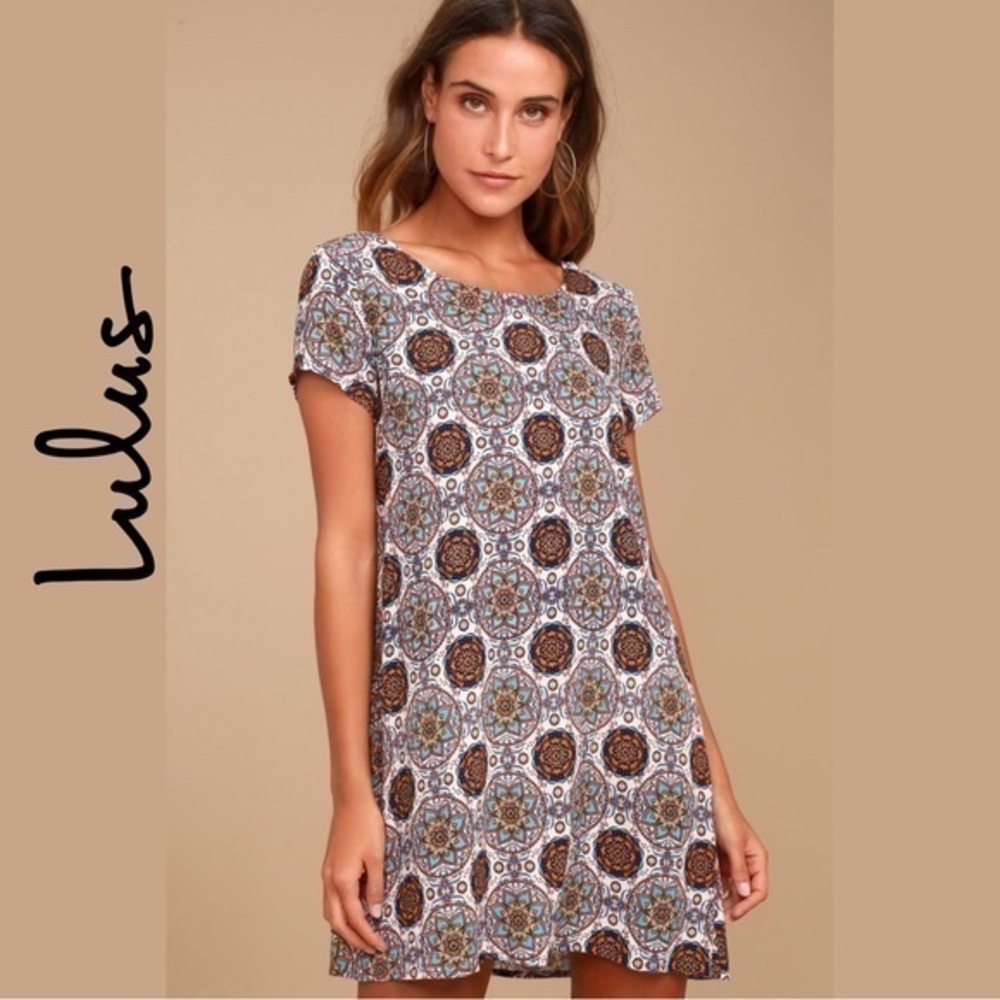 💜 Perfect Getaway Blue and Orange Print Shift Dress Lulus Size XS